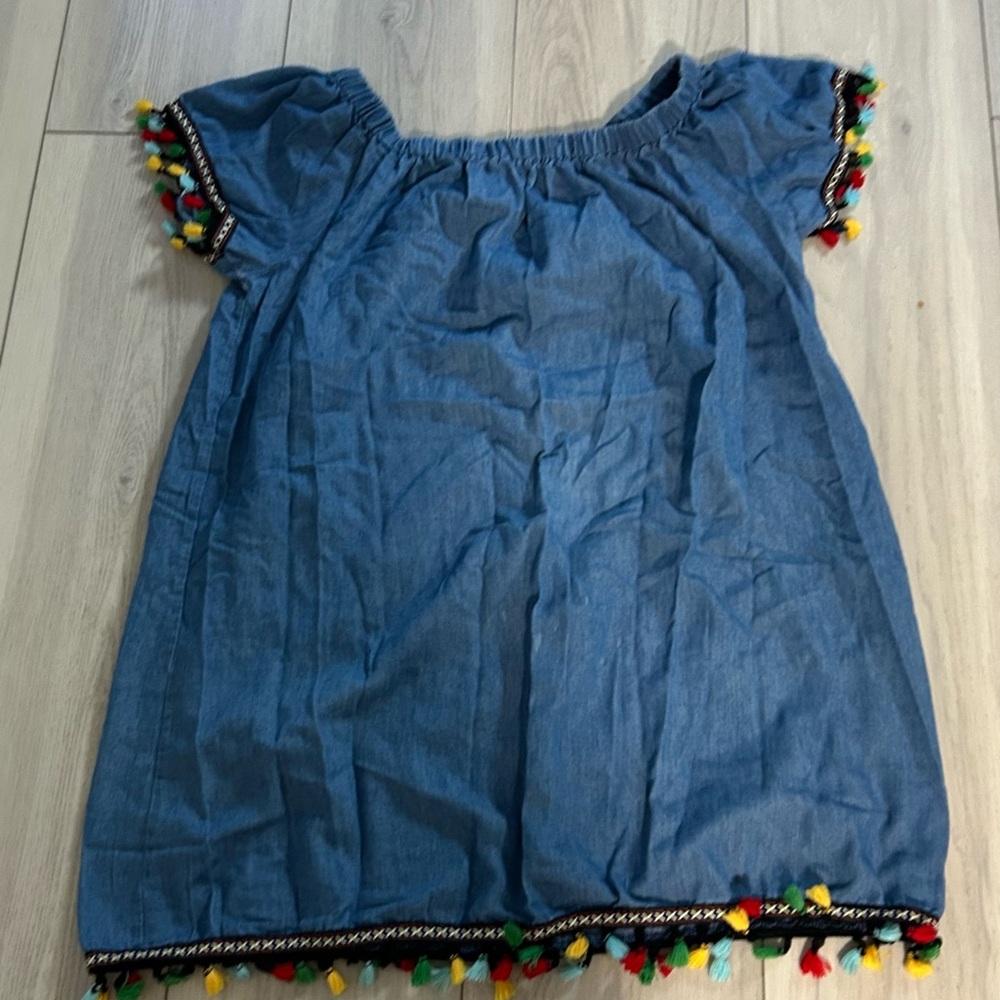 J Gee.Blue Chambray Pom Pom Trim Peasant Top